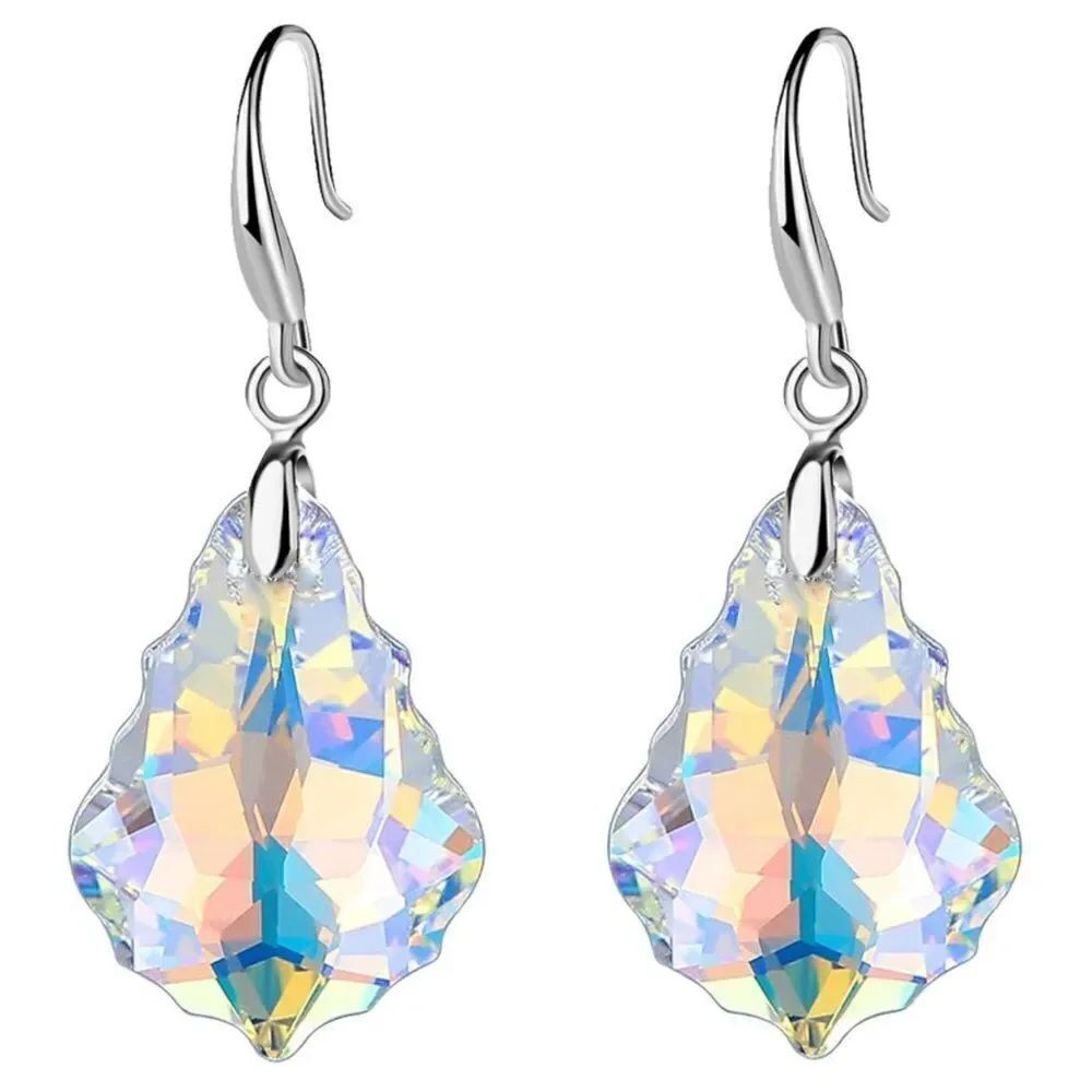 Silver with Iridescent AB Austrian Crystal Baroque Dangling DropβHook Earrings